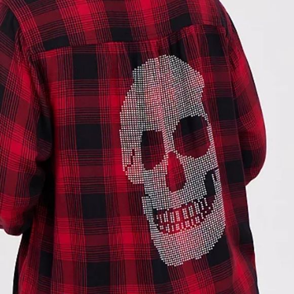 NWT TORRID BUTTON-UP SHIRT TWILL PLAID SKULL RED 4x 0x - Picture 5 of 5